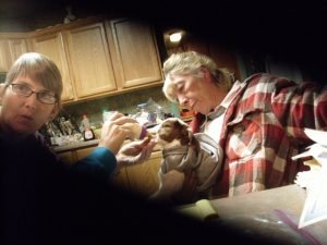 Karen feeding Larry while Deb holds him